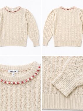 Manoush Cream Pearl-Trim Cable Sweater